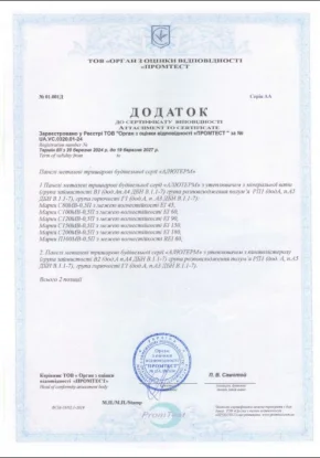 Приложение к сертификату соответствия: Панели металлические трехслойные строительной серии «Алютерм» с наполнителем из минеральной ваты и пенополистирола